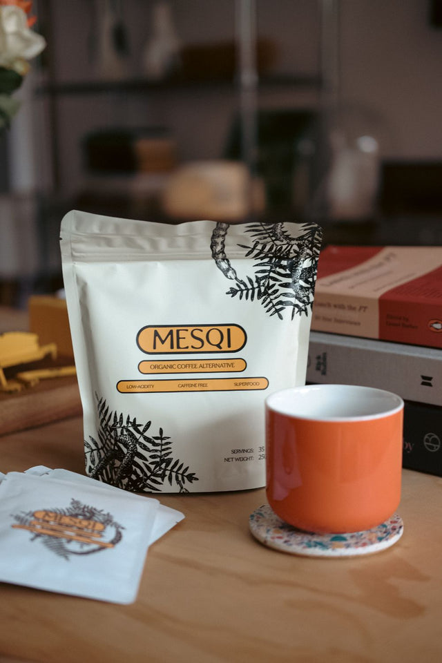Mesqi bag and a cup on a table